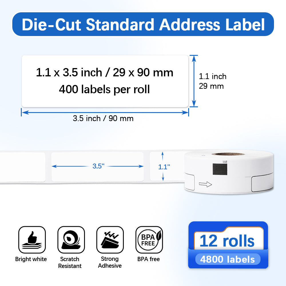 Label KINGDOM Replace for DK-1201 (1.1" x 3.5") Standard Address Labels for Brother QL 800 820NWB 700 Label Printers, Die-Cut 29mm x 90mm, 400 Labels/Roll, 1 Frame+12 Rolls