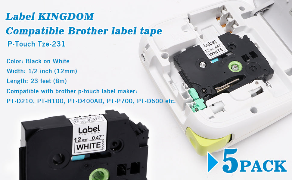 Label KINGDOM 15-Pack Tape Replace for Brother P Touch Label Maker Tape 12mm 0.47'' Tz-231 Tze-231 Label Maker Refills for PTouch PT-D220 PT-H110 PT-1290 PT-D610BT PT-1880, Black on White