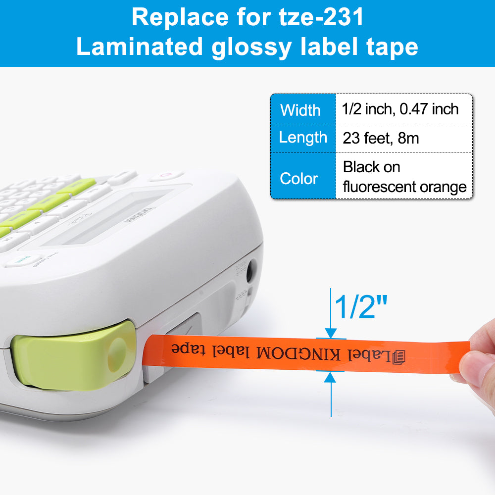 Label KINGDOM Label Compatible with Brother P Touch TZe-B31 Black on Orange Fluoresent Label Maker Tape for PTH110 PTD600 PTD400AD Ptouch Cube, 12mm 0.47 Inch x 26.2 Feet 8m, 2-Pack