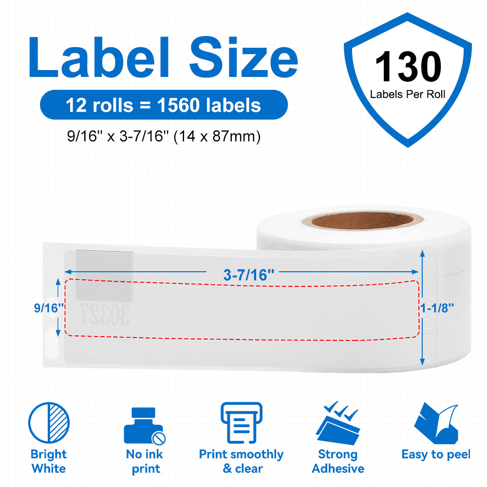 Label KINGDOM LW Label Compatible Dymo 30327 1-Up File Folder White Paper Labels 9/16" x 3-7/16" for Labelwriter 330 450 Turbo Twin Printers, 130 Stickers per roll, 12 Rolls