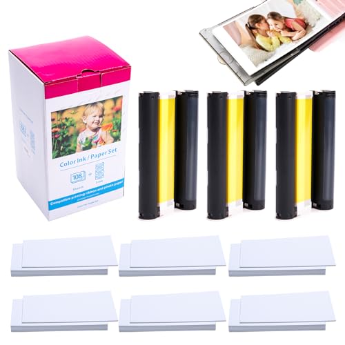 Label KINGDOM Replace for Canon Selphy CP1200 CP1300 Photo Paper and Ink, KP-108IN for CP1500 CP910 CP900 Photo Printer, 3 Color Ink Toners & 108 (4''x6'') Glossy Photo Paper Set
