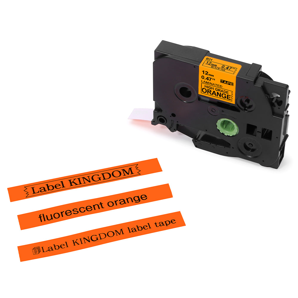 Label KINGDOM Label Compatible with Brother P Touch TZe-B31 Black on Orange Fluoresent Label Maker Tape for PTH110 PTD600 PTD400AD Ptouch Cube, 12mm 0.47 Inch x 26.2 Feet 8m, 2-Pack
