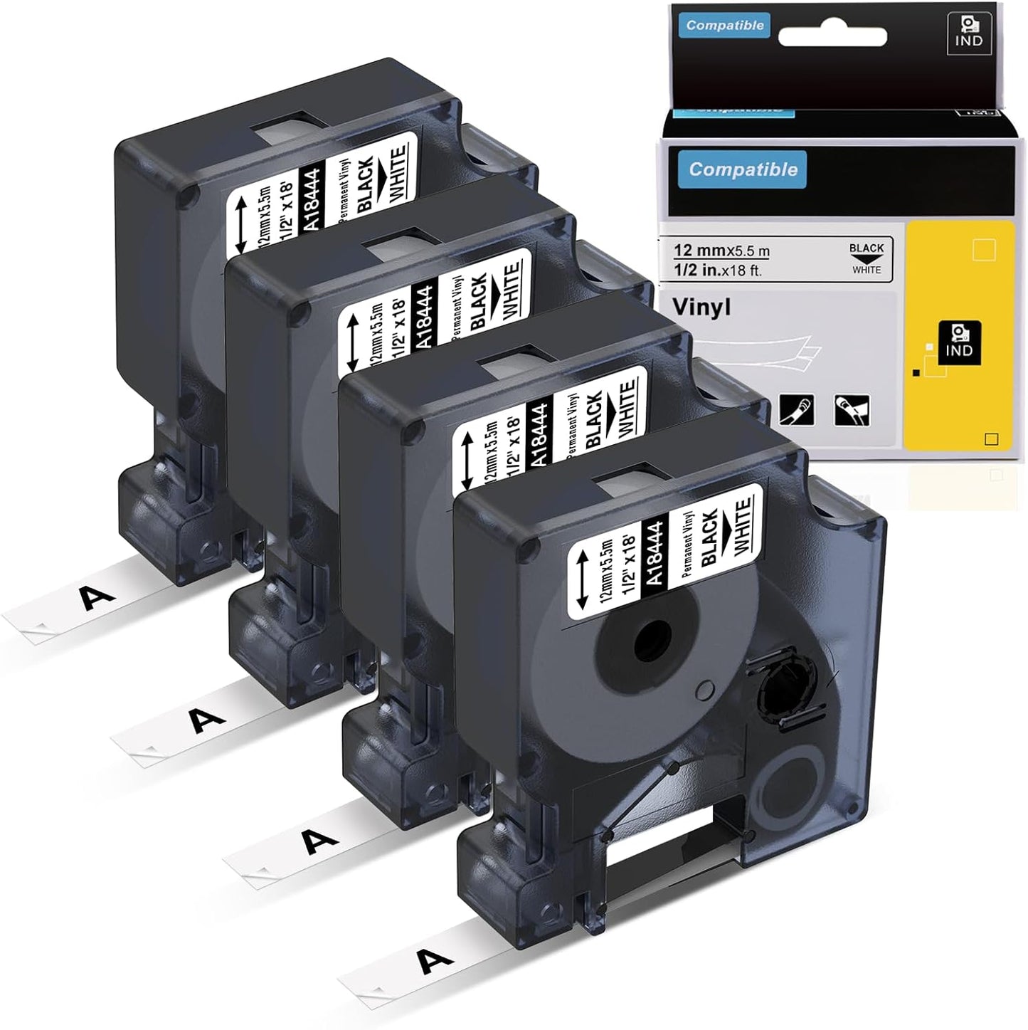 Label KINGDOM Rhino A18444 Industrial Vinyl Labels 1/2" Replace for DYMO 18444 Rhino 4200 Label Tape 12mm Black on White for DYMO Rhino 4200, 5200, 6000 Label Maker, 4-Pack