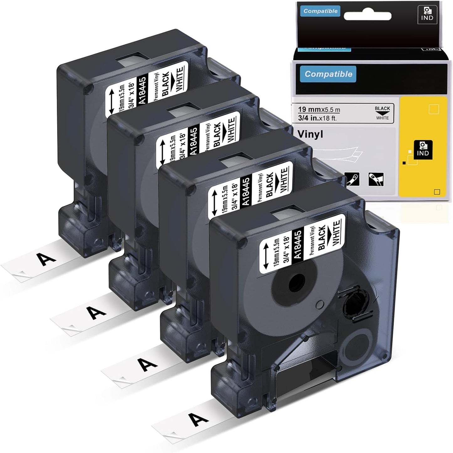 Label KINGDOM Rhino A18445 Industrial Vinyl Labels 3/4" Replace for DYMO 18445 Rhino 5200 Label Tape 19mm Black on White for DYMO Rhino 4200, 5200, 6000 Label Maker, 4-Pack