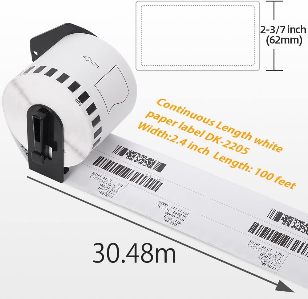 Label KINGDOM Label Replace for Brother Ql-820nwb DK-2205 Continuous Length 62mm x 30.48m (2-3/7" x 100') Paper Label Roll for QL 800 QL-1110NWB Label Printers (6 Rolls+ 1 Refillable Cartridge)
