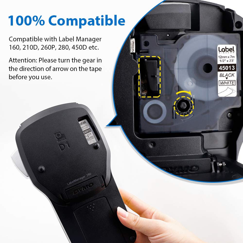 6-Pack Label KINGDOM 12mm Black on White D1 Label Tape Replacement for 45013 S0720530 Dymo Label Printer Tape, Compatible with Dymo Label Maker LabelManager PnP 260P 160 280 210D 420P
