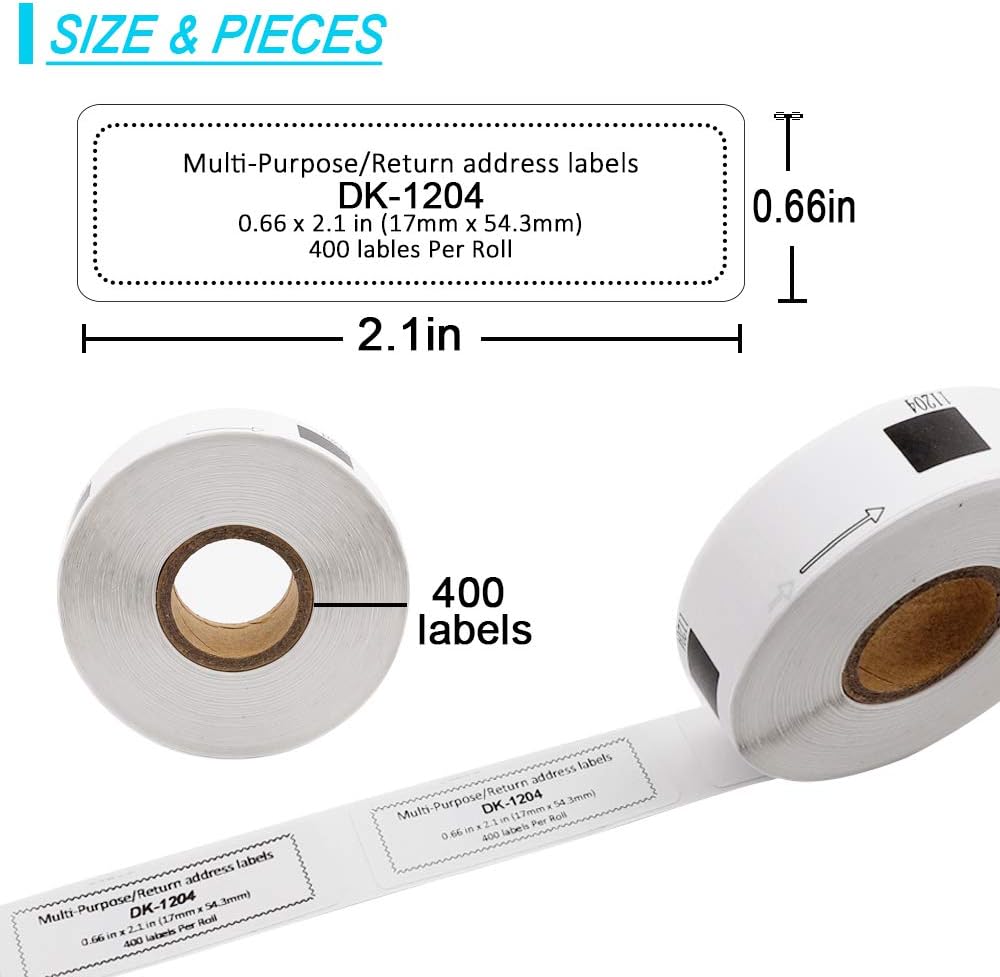 Label KINGDOM Replace for DK-1204 Die-Cut Multipurpose White Paper Label, 2/3" x 2-1/8"(0.66" x 2.1") 400/Roll Return Address Label for QL-800 QL-810W Printer (10-Roll + 2 Frame)