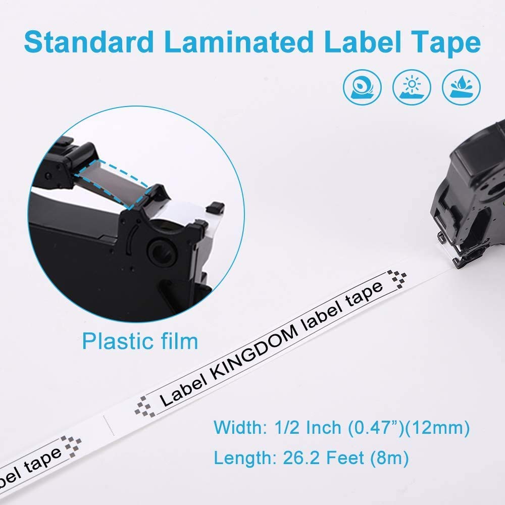 Label KINGDOM Compatible Labels Replacement for Brother P-Touch TZe Label Tape 12mm 0.47 Inch Laminated (Black on White/Clear/Red/Blue/Yellow/Green) for PTouch PT D210 H110 D400 Label Maker, 6-Pack