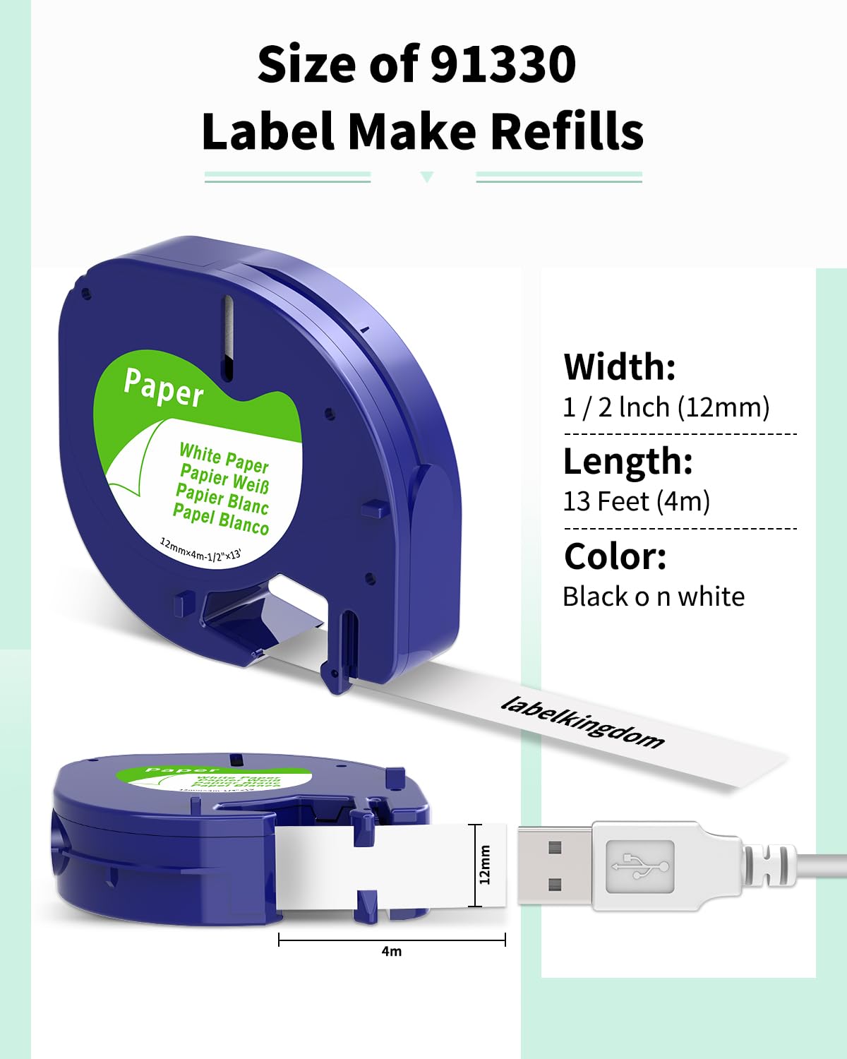 Label KINGDOM Replacement for DYMO LetraTag Refills White Paper Tape Compatible with DYMO Tape Refills 91330 Self-Adhesive for DYMO LetraTag LT-100T LT-100H QX50 Label Maker, 1/2 Inch x 13 ft, 3-Pack