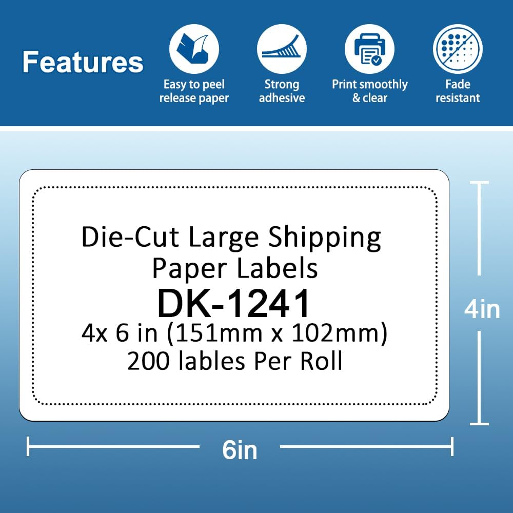 Label KINGDOM Replace for DK-1241 Die-Cut 4" x 6" Brother Large Shipping White Paper Labels (102 mm x 151 mm) 200/ Roll DK Labels for Brother QL-1110NWB (4 Roll + 1 Detachable Frame)