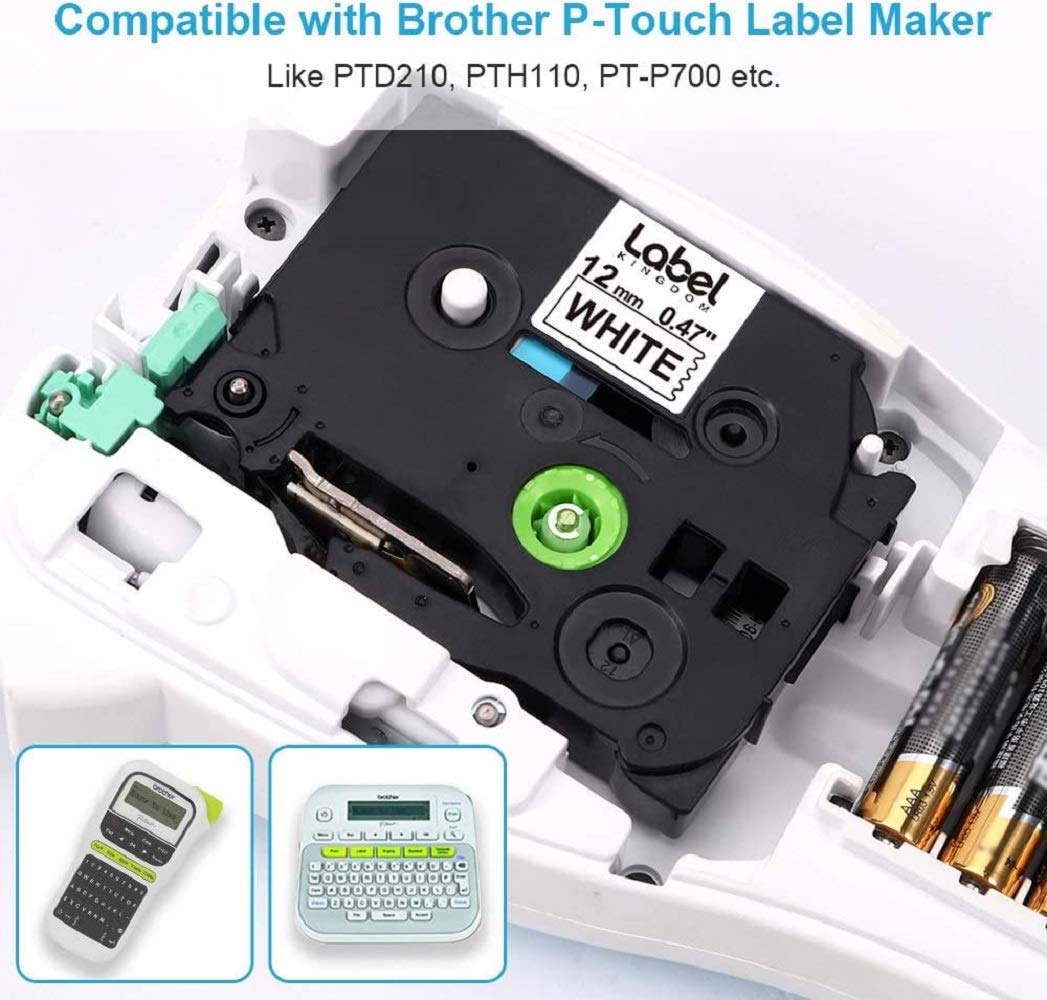 Label KINGDOM Compatible Labels Replacement for Brother P-Touch TZe Label Tape 12mm 0.47 Inch Laminated (Black on White/Clear/Red/Blue/Yellow/Green) for PTouch PT D210 H110 D400 Label Maker, 6-Pack