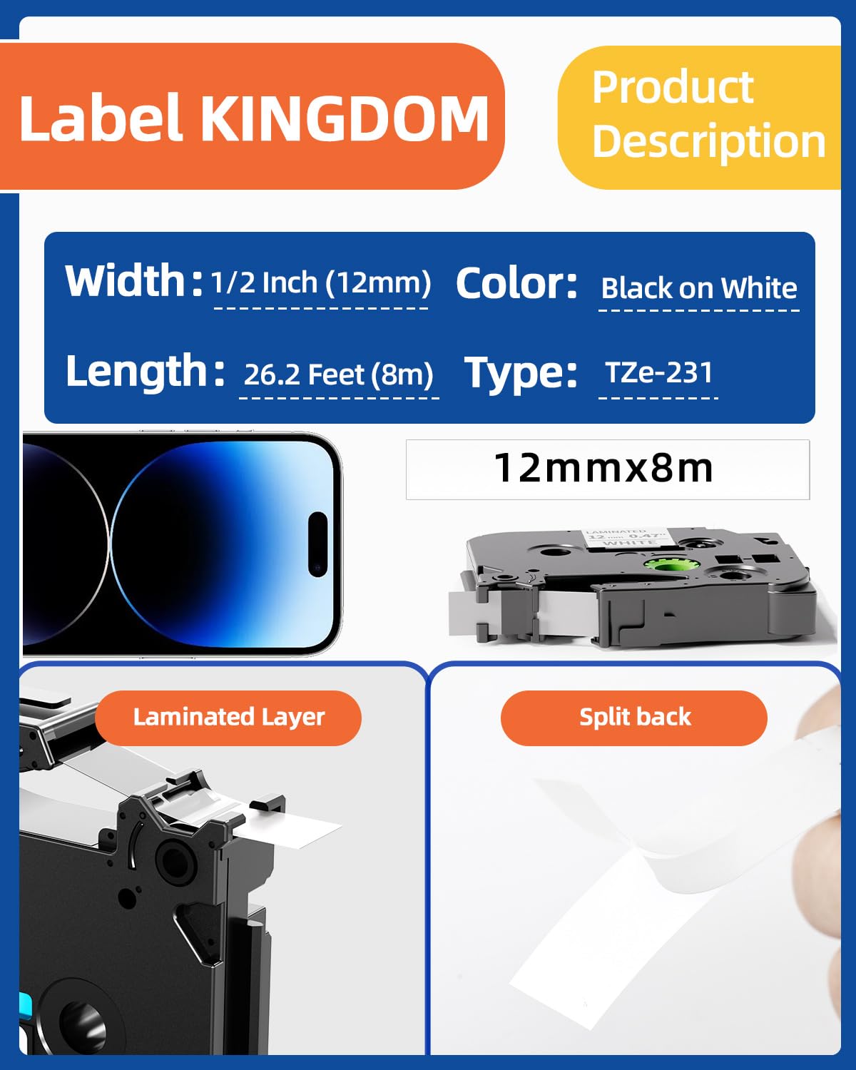 Label KINGDOM Compatible Label Tape Replacement for Brother TZe-231 TZe231 P Touch Label Tape 12mm 0.47'' Laminated White TZ-231 for PTouch Label Maker PT-D210 PT-H110 PT-D400AD PT-P710BT, 6-Pack
