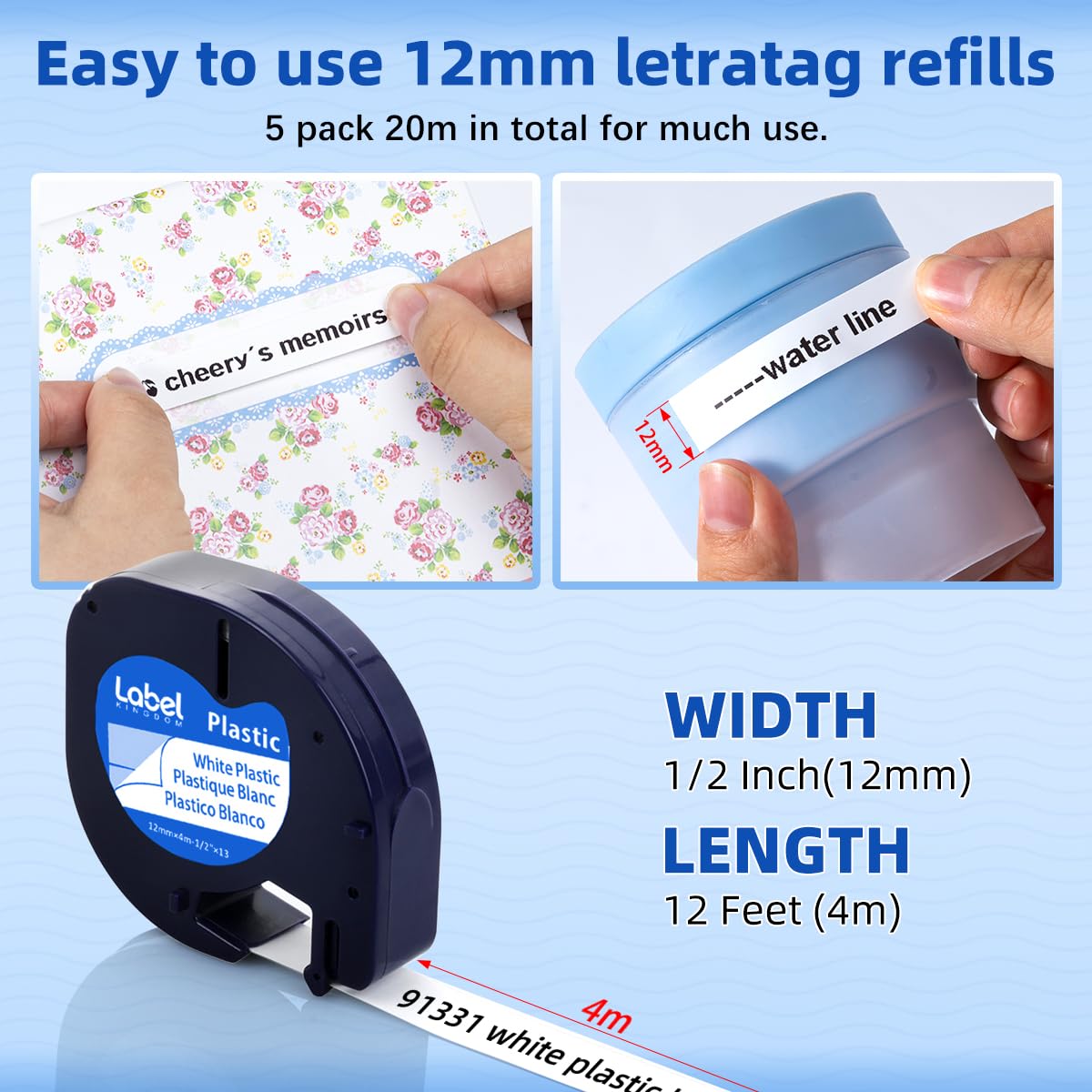 Replace for DYMO LetraTag Label Maker Refill 91331 White Plastic Tape 12mm x 4m (1/2'' x 13') for Dymo Labeler Letra Tag 200B LT 100H 100T Plus, 5-Pack Label KINGDOM Label