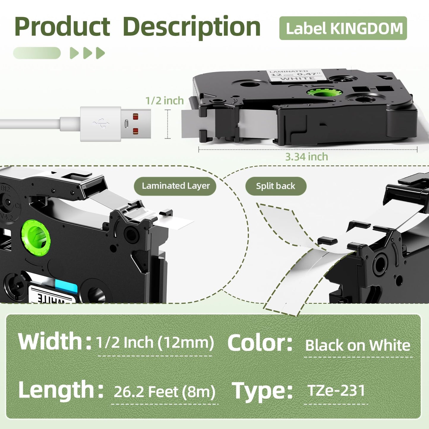 Label KINGDOM Compatible Labels Replacement for Brother P-Touch Label Tape TZe-231 TZ231 12mm 0.47 Inch Laminated TZ Tapes Black on White Work with PTouch PTD210 PTH110 PTD400 Label Maker, 2-Pack