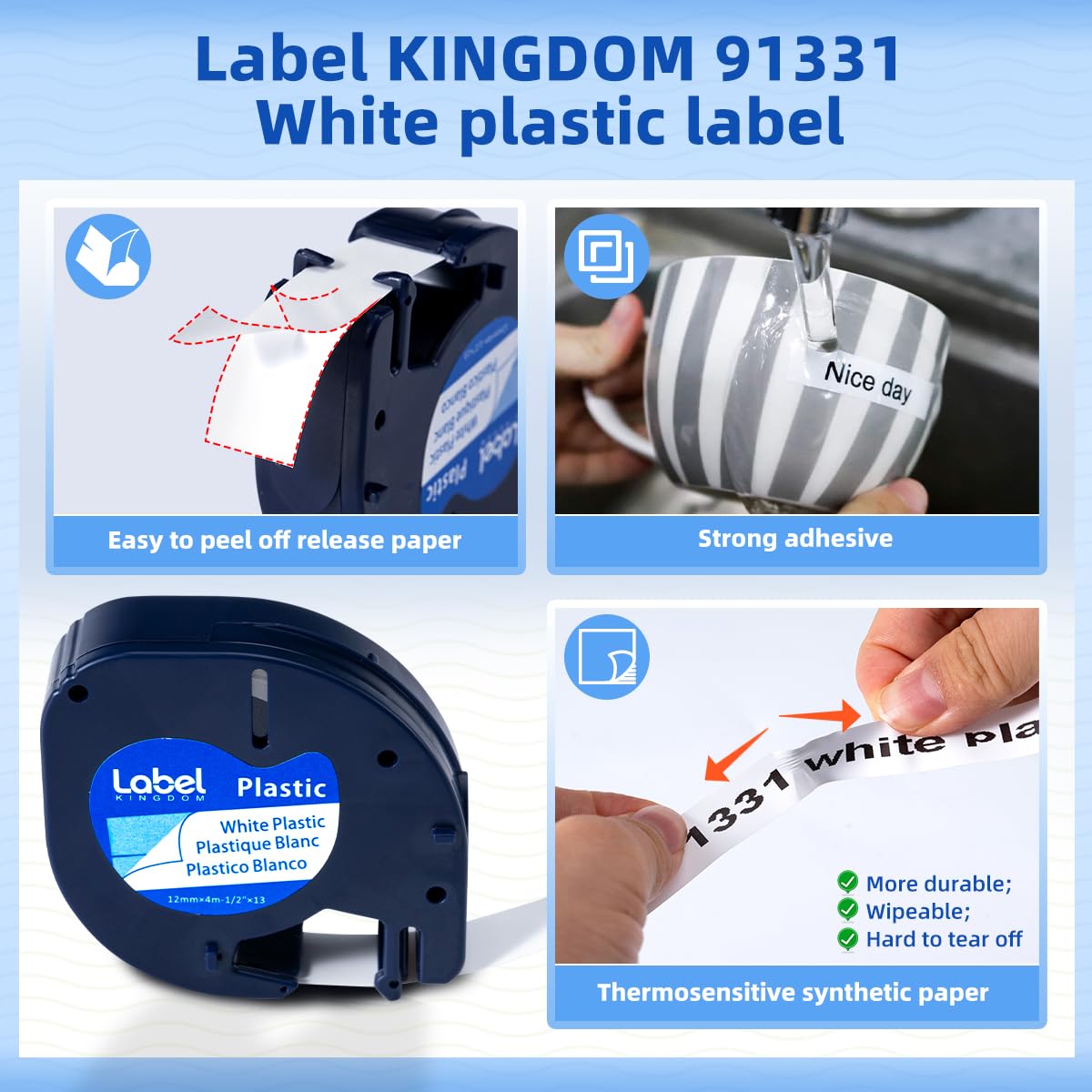 Replace for DYMO LetraTag Label Maker Refill 91331 White Plastic Tape 12mm x 4m (1/2'' x 13') for Dymo Labeler Letra Tag 200B LT 100H 100T Plus, 5-Pack Label KINGDOM Label