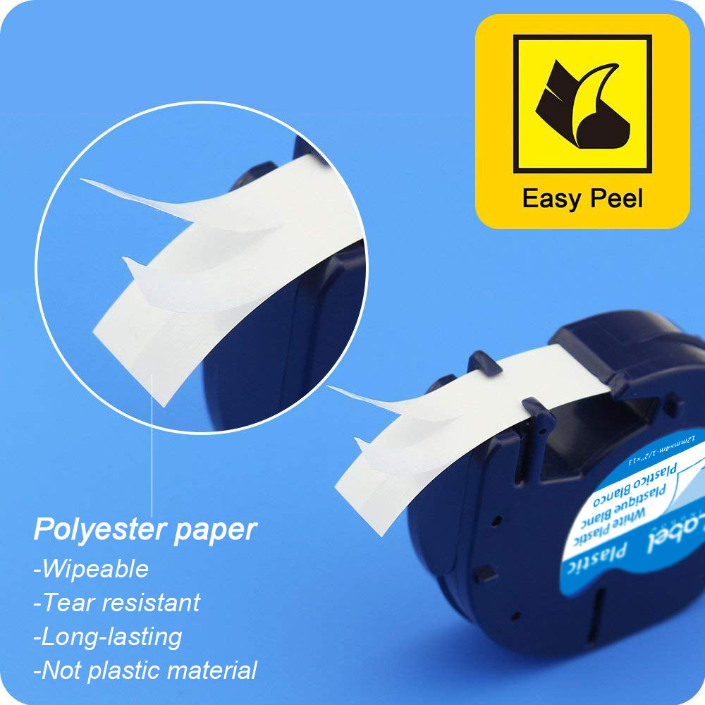 Label KINGDOM Replace for DYMO LetraTag Refills 91331 White Plastic Compatible for Dymno Letra Tag Plus LT100H LT100T, 1/2" x 13'(12mm x 4m) Black Print on White, 4 Pack