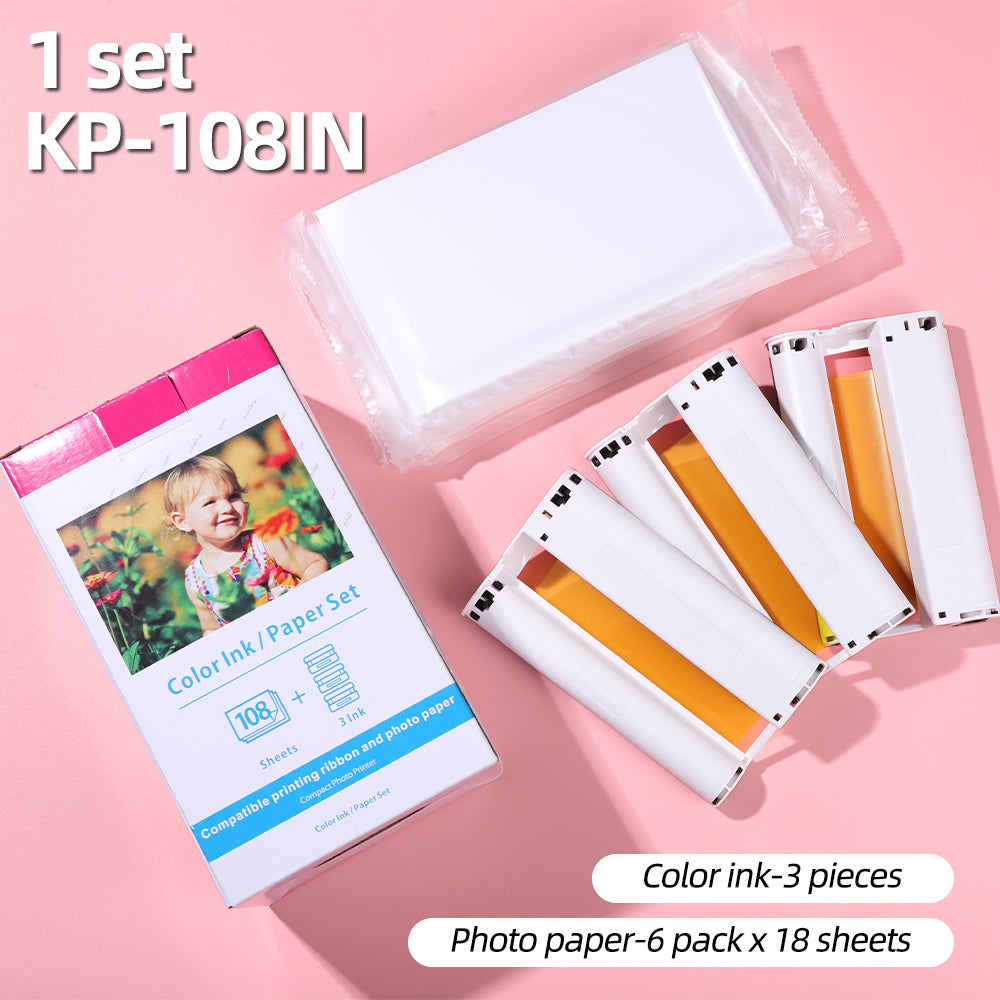 2 Pack Compatible with Canon Selphy CP1300 Ink and Paper, KP-108IN 6 Color Ink Cassette and 216 Sheets 4x6 Photo Paper Glossy for Selphy CP1500, CP1200, CP910, CP910, CP900,CP800 Photo Printer