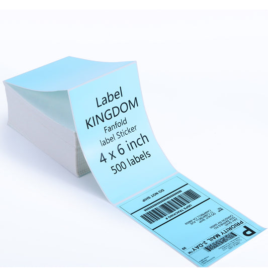 Label KINGDOM Thermal Label Printer Paper, 4"x 6" 500-Fanfold Blue Stickers for Polono, Phomemo Direct Thermal Printer for Shipping Address Label, 1 Roll