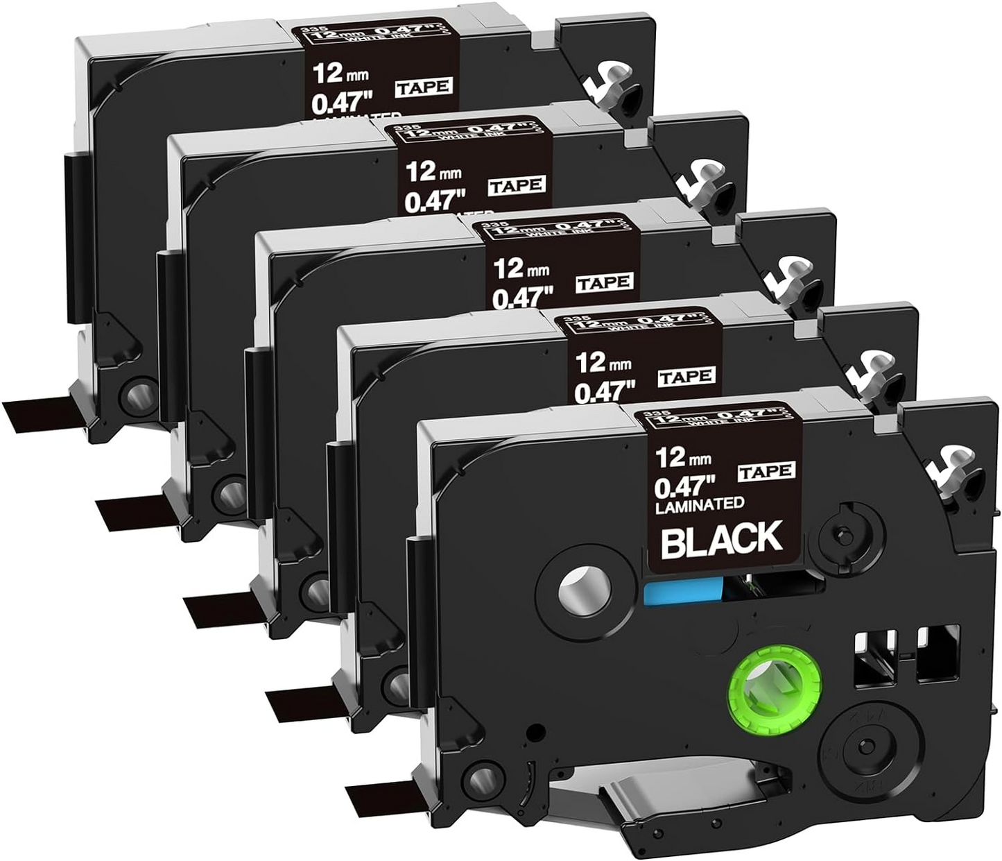 Label KINGDOM Black Tape Replace for Brother P-Touch TZe-335 Tze335 White on Black Label Maker Tape 12mm 0.47 Laminated for Brother P-Touch PTD220 PTD210 PTH110 PT-1290 Label Maker, 1/2 Inch, 5-Pack