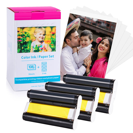 Label KINGDOM Compatible Canon Selphy CP1200 CP1300 Photo Printer Ink and Paper, KP-108IN 3 Color Ink Toners / 108 (4"x6") Paper Sheets Set for CP1500 CP910 CP900 Photo Printer