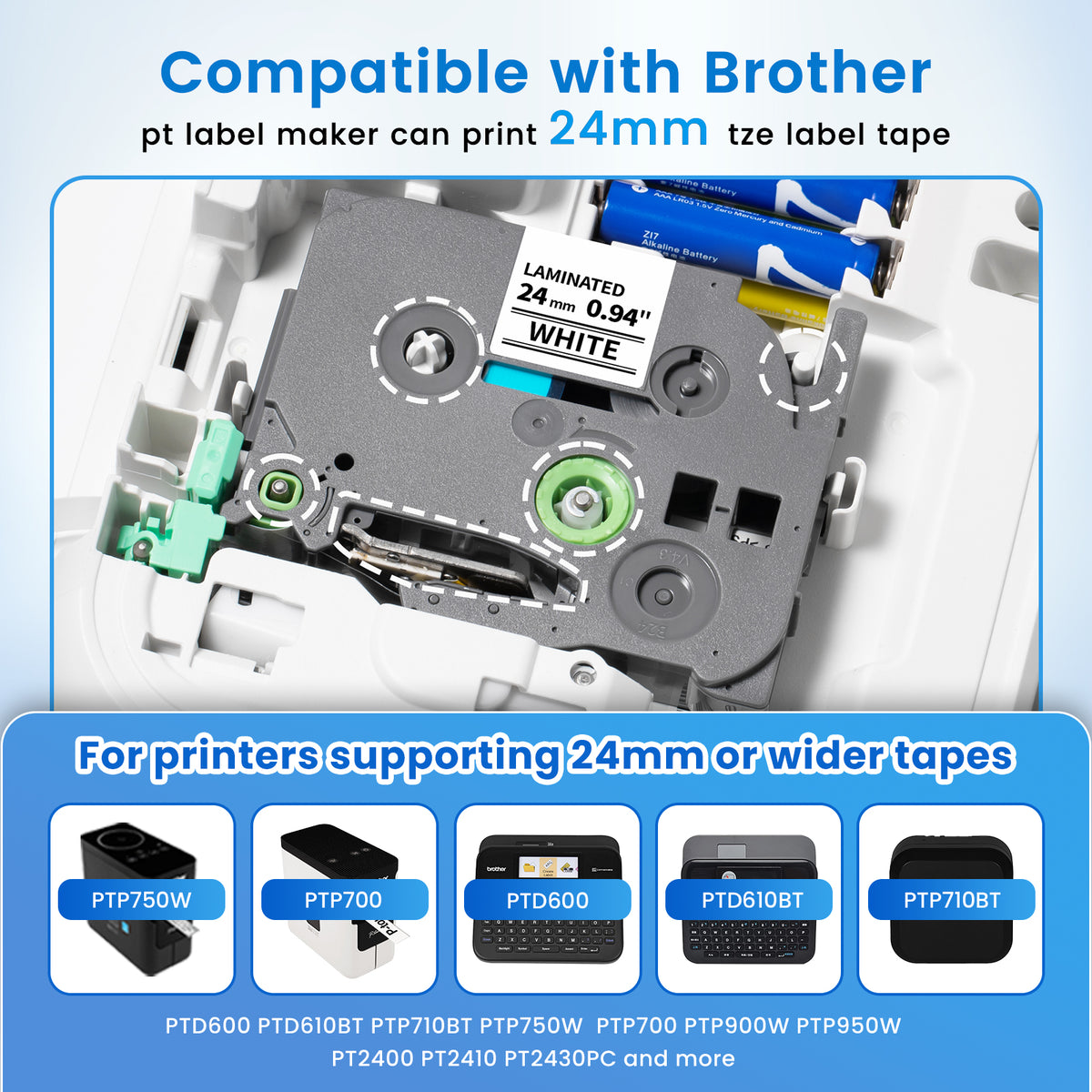 10 Pack Compatible with Brother P Touch 24mm 0.94” TZe-251 TZ TZe251 Tape Work with PT-D610BT D600 700 P710BT PTP750W label maker, 1” Laminated White Label Maker Tape Tze251