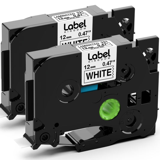 Label KINGDOM 1/2 Inch Label Compatible with Brother P Touch Label Maker Tape TZe-231 TZ-231 Black on White, Laminated, for PT-D210 PT-D200 PT-D400 PT-1280, 12mm 0.47 Inch x 26.2 Feet 8m, 2-Pack