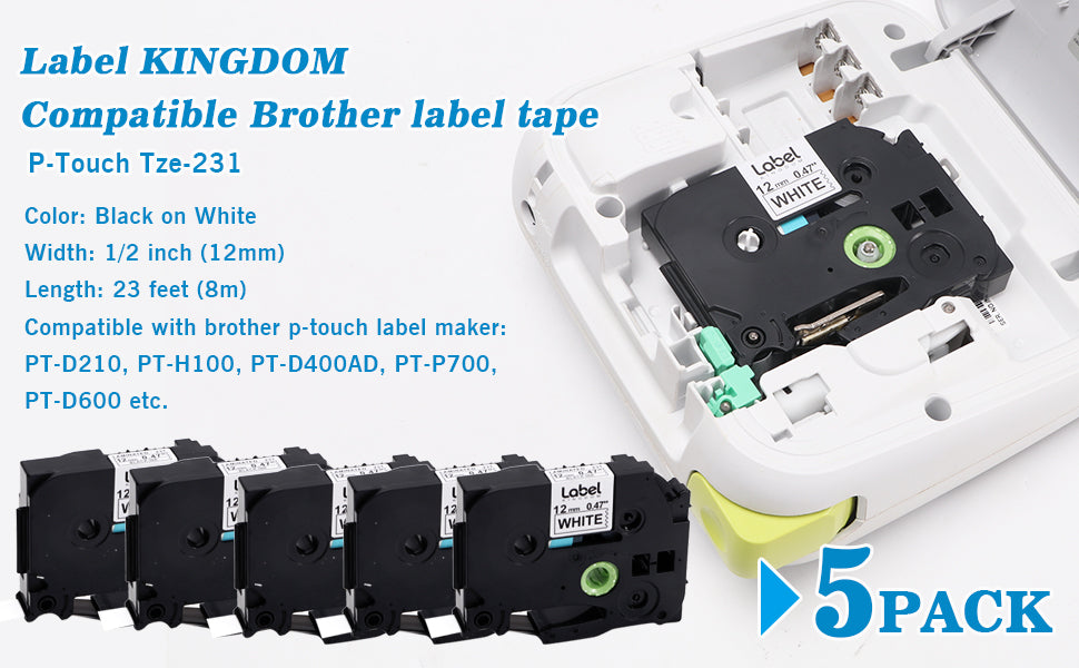 Label KINGDOM 10-Pack Label Tape Compatible with Brother P Touch TZe231 TZ-231 Label Tape Refills Tze Tz Tape Laminated 12mm 0.47'' for Brother PTouch Label Maker PT-D210 PTD220 Black on White