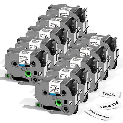 10 Pack Compatible with Brother P Touch 24mm 0.94” TZe-251 TZ TZe251 Tape Work with PT-D610BT D600 700 P710BT PTP750W label maker, 1” Laminated White Label Maker Tape Tze251