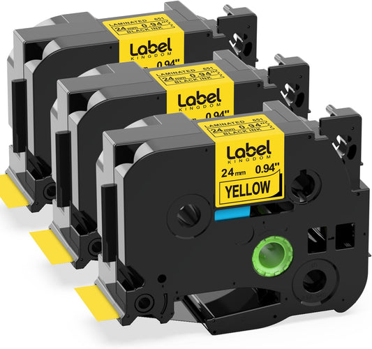 Label KINGDOM TZe-651 24mm Yellow Label Tape Replacement for Brother P-Touch TZ-651 1 Inch Black on Yellow TZ Tape 24mm 0.94 Laminated Yellow Compatible with Brother PTD600 PTD610AD PTP710BT, 3-Pack