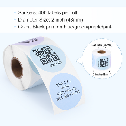 Label KINGDOM 2 Inch Thermal Label, Black on Pink/Blue/Green/Purpel, 1 Roll of 400 Circle Sticker Self-Adhesive Round Label for Multi-Purpose use, Compatible for Direct Thermal Printer