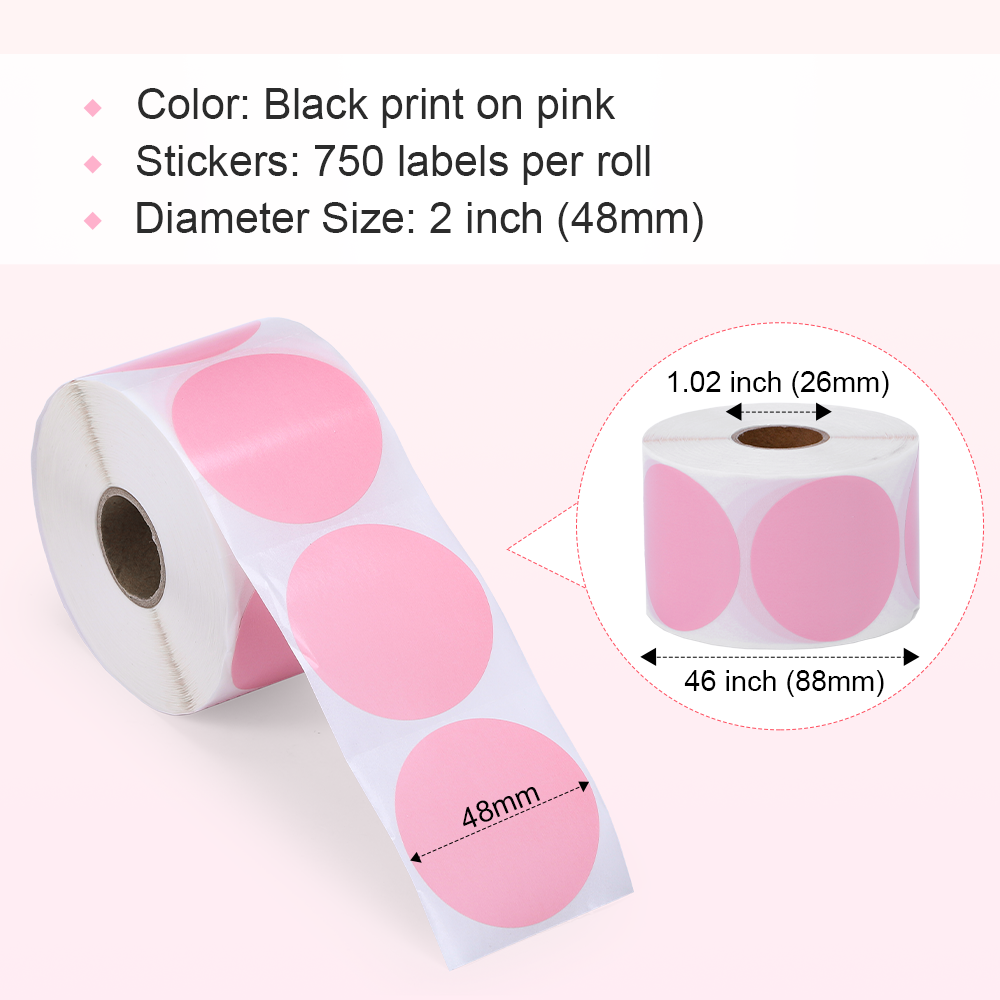 2" Pink Circle Thermal Sticker Label- 750 Sheets for Multi-Purpose Label, Self-Adhesive Round Label for Direct Thermal Printer, 1 Roll