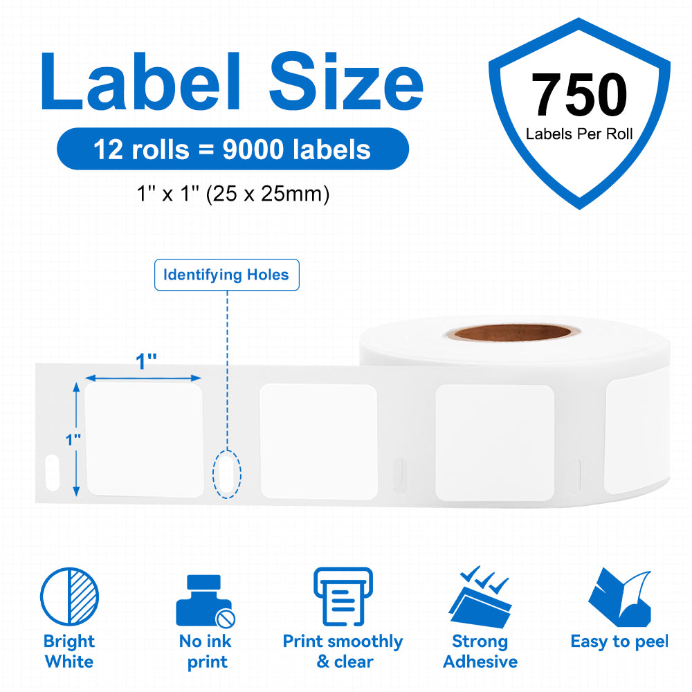 Label KINGDOM Square Label Compatible Dymo 30332 (1” x 1”) LW Multi-Purpose Labels for Labelwriter 450 Turbo Twin, Rollo Zebra Desktop Printers, 750 Stickers per roll, 12 Rolls