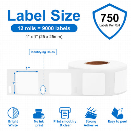 Label KINGDOM Square Label Compatible Dymo 30332 (1” x 1”) LW Multi-Purpose Labels for Labelwriter 450 Turbo Twin, Rollo Zebra Desktop Printers, 750 Stickers per roll, 12 Rolls