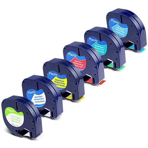 Compatible with DYMO LetraTag Label Maker Refills 12mm Paper/Plastic Label Tape, Color Black on White/Red/Yellow/Blue/Green for Dymo Letra Tag LT100H LT100T Puls, 1/2'' W x 13' L, 6-Pack