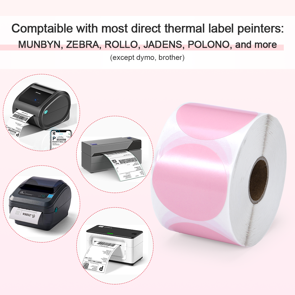 2" Pink Circle Thermal Sticker Label- 750 Sheets for Multi-Purpose Label, Self-Adhesive Round Label for Direct Thermal Printer, 1 Roll