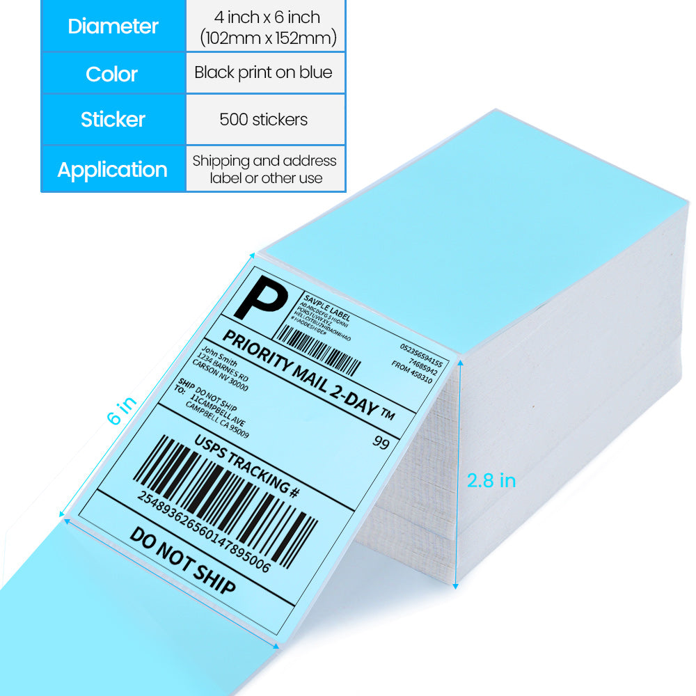 Label KINGDOM Thermal Label Printer Paper, 4"x 6" 500-Fanfold Blue Stickers for Polono, Phomemo Direct Thermal Printer for Shipping Address Label, 1 Roll