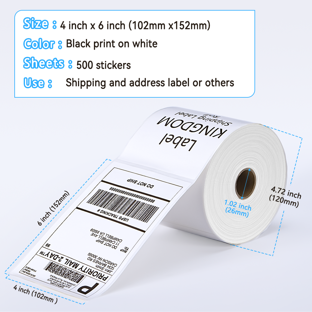 Label KINGDOM 4 x 6 Inch Direct Thermal Shipping Label Roll, 500 Sheets for Rollo Zebra Munbyn or Other Thermal Printer Used on FedEx, USPS, UPS, DHL for Address Label, 1 Roll