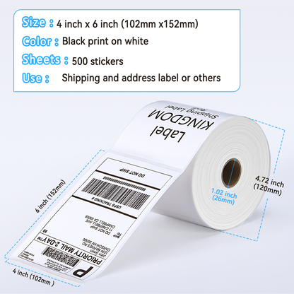 Label KINGDOM 4 x 6 Inch Direct Thermal Shipping Label Roll, 500 Sheets for Rollo Zebra Munbyn or Other Thermal Printer Used on FedEx, USPS, UPS, DHL for Address Label, 1 Roll