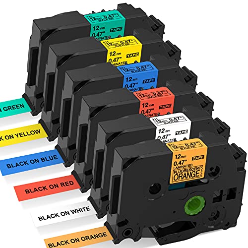 Label KINGDOM Compatible Label Tape Replacement for Brother P Touch TZe Label Tape 12mm 0.47 Inch Laminated for PTouch PT D210 H110 D400 Label Maker, Black on White/Orange/Red/Blue/Yellow/Green, 6Pack