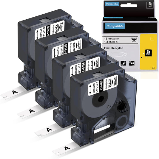 Label KINGDOM Rhino A18488 Industrial Flexible Nylon 1/2" Replace for DYMO 18488 Rhino 4200 Label Tape 12mm Black on White for DYMO Rhino 4200, 5200, 6000 Label Maker, 1/2" x 11.5', 4-Pack