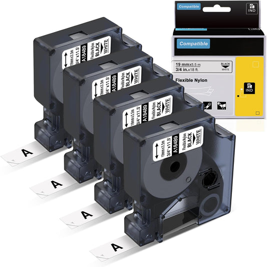 Label KINGDOM Rhino A18489 Industrial Flexible Nylon 3/4" Replace for DYMO 18489 Rhino 5200 Label Tape 19mm Black on White for DYMO Rhino 4200, 5200, 6000 Label Maker, 3/4" x 11.5', 4-Pack