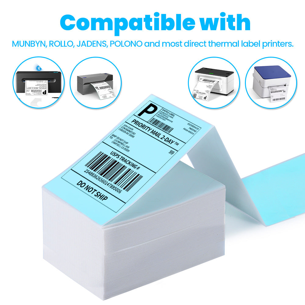 Label KINGDOM Thermal Label Printer Paper, 4"x 6" 500-Fanfold Blue Stickers for Polono, Phomemo Direct Thermal Printer for Shipping Address Label, 1 Roll