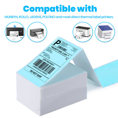 Label KINGDOM Thermal Label Printer Paper, 4"x 6" 500-Fanfold Blue Stickers for Polono, Phomemo Direct Thermal Printer for Shipping Address Label, 1 Roll