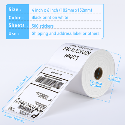 Label KINGDOM 4 x 6 Inch Direct Thermal Shipping Label Roll, 500 Sheets for Rollo Zebra Munbyn or Other Thermal Printer Used on FedEx, USPS, UPS, DHL for Address Label, 1 Roll