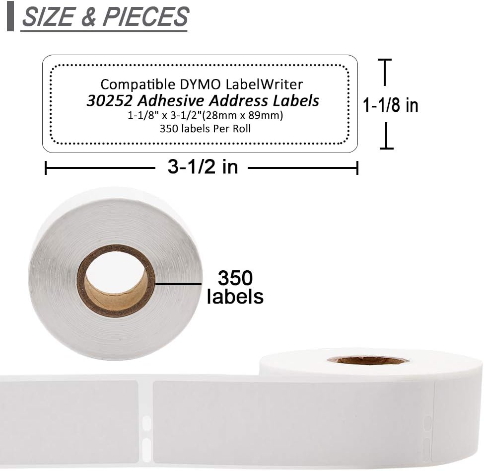 Label KINGDOM 30252 Label Replace for Dymo 30252 Label Writer 450 Labels, 1 1/8" x 3 1/2" Adhesive White Paper Address Labels for 450 Turbo, 4XL Printer (350 Labels Per Roll, 1 Roll)