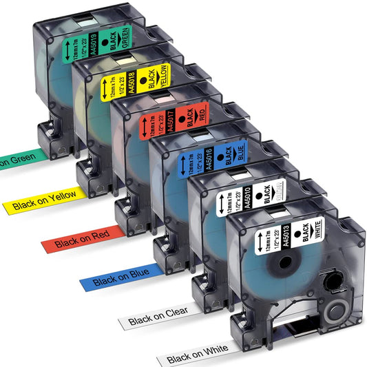 Label KINGDOM Compatible Label Refill Replacement for DYMO Standard Label Tapes Combo 45010 45013 45016 45017 45018 45019, 12mm x 7m, Refill for LabelManager PnP 260P 210D 280 6-Pack