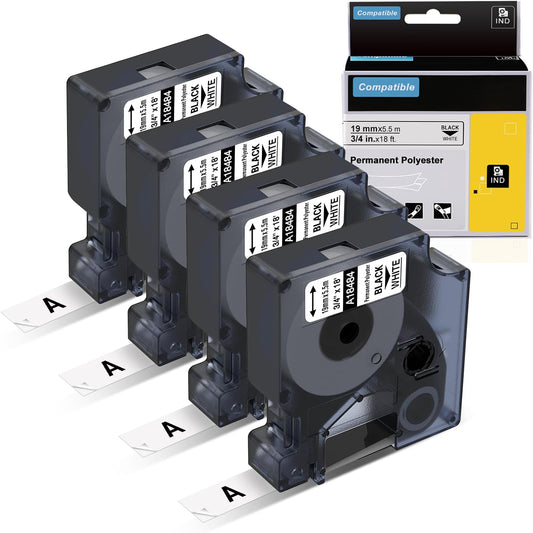 Label KINGDOM Rhino A18484 Industrial Permanent Polyester Labels 3/4" Replace for DYMO 18484 Rhino 5200 Label Tape 19mm Black on White for DYMO Rhino 4200, 5200, 6000 Label Maker, 4-Pack