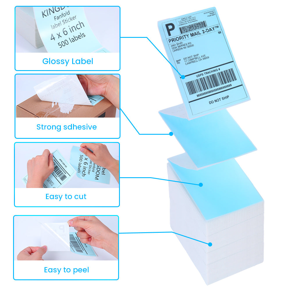 Label KINGDOM Thermal Label Printer Paper, 4"x 6" 500-Fanfold Blue Stickers for Polono, Phomemo Direct Thermal Printer for Shipping Address Label, 1 Roll