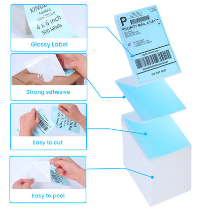 Label KINGDOM Thermal Label Printer Paper, 4"x 6" 500-Fanfold Blue Stickers for Polono, Phomemo Direct Thermal Printer for Shipping Address Label, 1 Roll