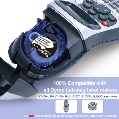 Label KINGDOM Black Tape Compatible with Dymo Letratag Refills 12mm Plastic Tape Refills for Dymo Label Maker Letra Tag LT-100H LT-100T LT 200B QX50, 5 Pack